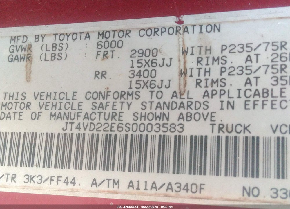 1995 TOYOTA T100 XTRACAB DX VIN: JT4VD22E6S0003583