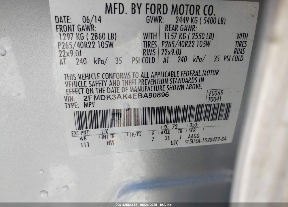 2014 FORD EDGE VIN: 2FMDK3AK4EBA90896