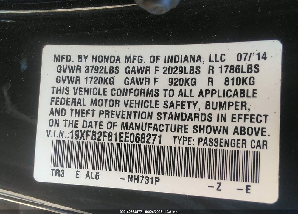 2014 HONDA CIVIC VIN: 19XFB2F81EE068271