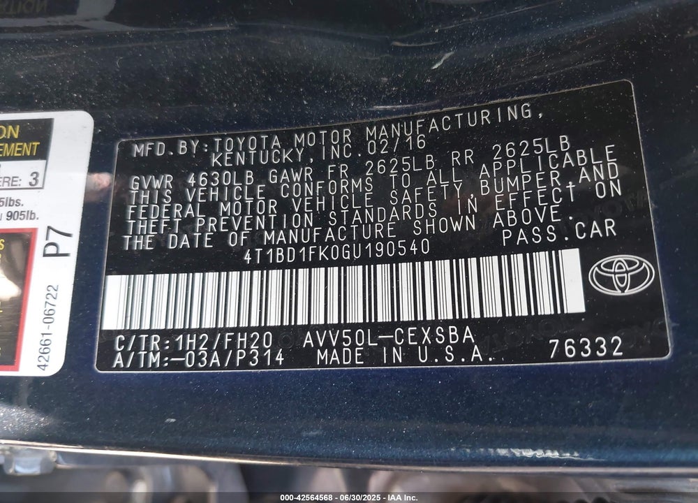 2016 TOYOTA CAMRY VIN: 4T1BD1FK0GU190540