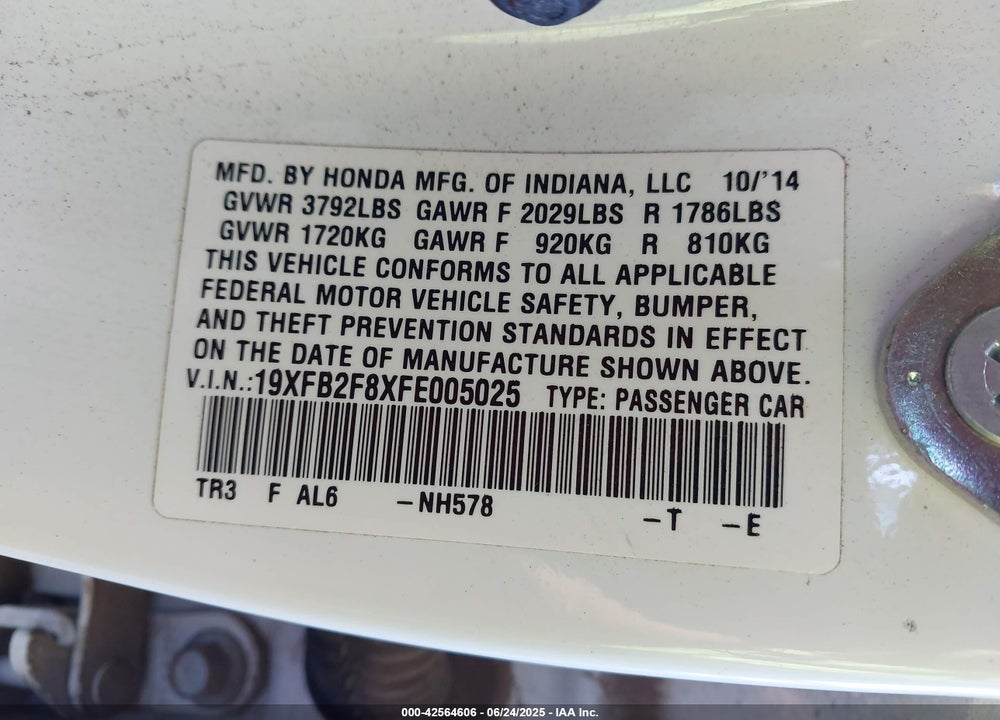 2015 HONDA CIVIC VIN: 19XFB2F8XFE005025