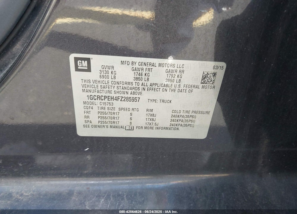 2015 CHEVROLET SILVERADO 1500 VIN: 1GCRCPEH4FZ285957