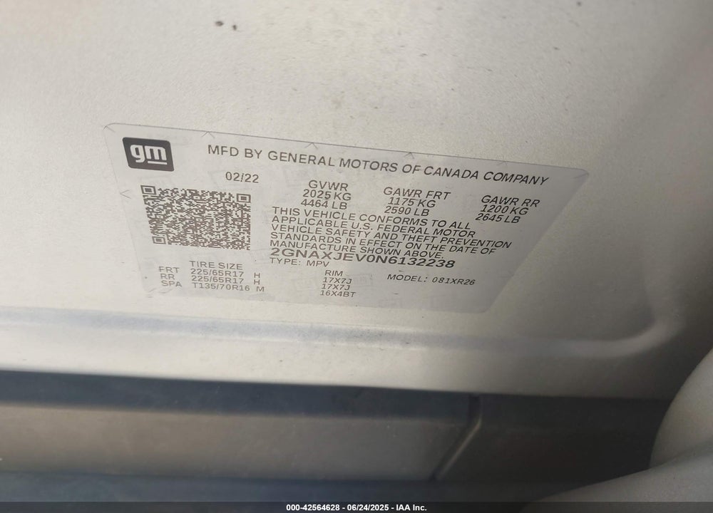 2022 CHEVROLET EQUINOX VIN: 2GNAXJEV0N6132238