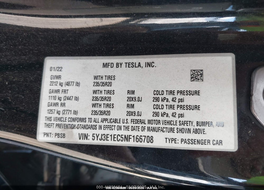 2022 TESLA MODEL 3 VIN: 5YJ3E1EC5NF166708