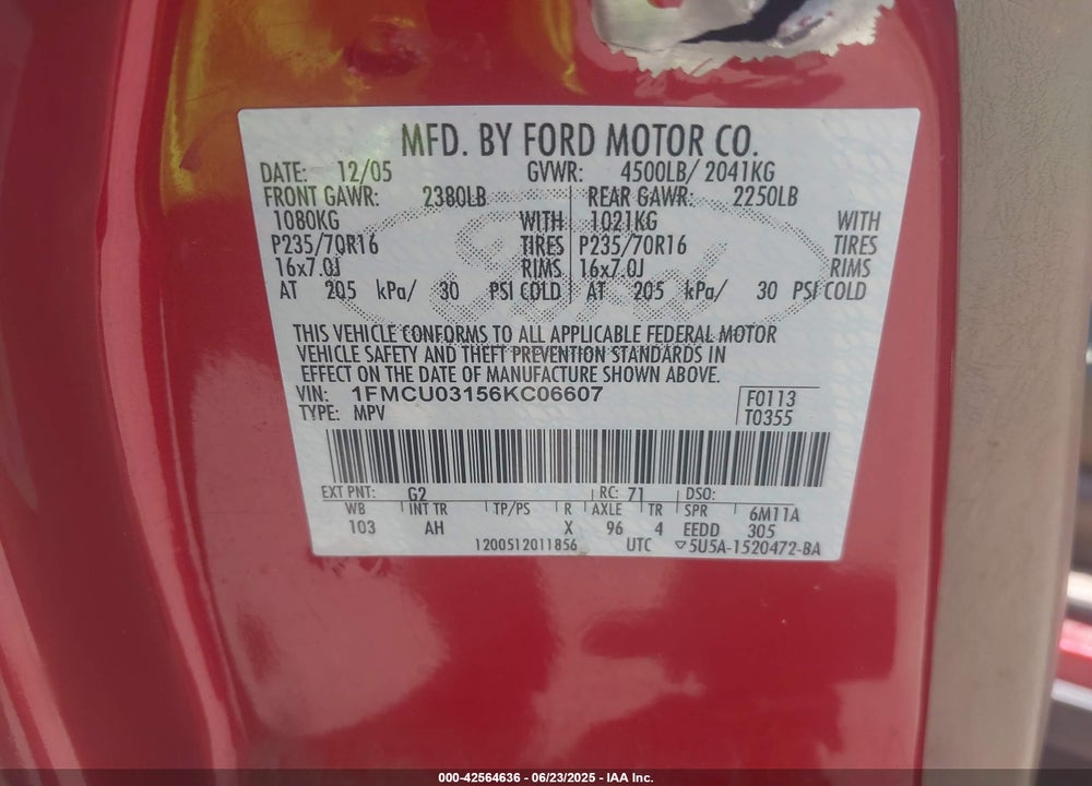 2006 FORD ESCAPE VIN: 1FMCU03156KC06607