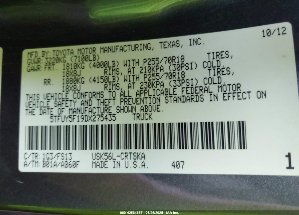 2013 TOYOTA TUNDRA VIN: 5TFUY5F19DX275435
