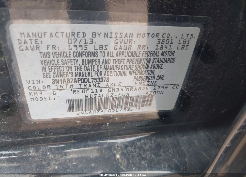 2013 NISSAN SENTRA VIN: 3N1AB7AP0DL753378