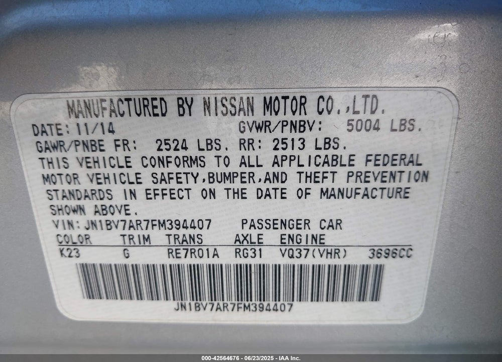 2015 INFINITI Q50 VIN: JN1BV7AR7FM394407
