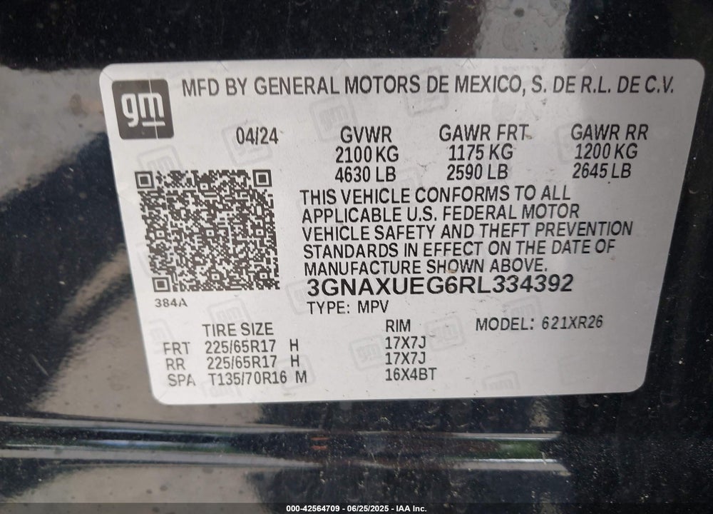 2024 CHEVROLET EQUINOX VIN: 3GNAXUEG6RL334392
