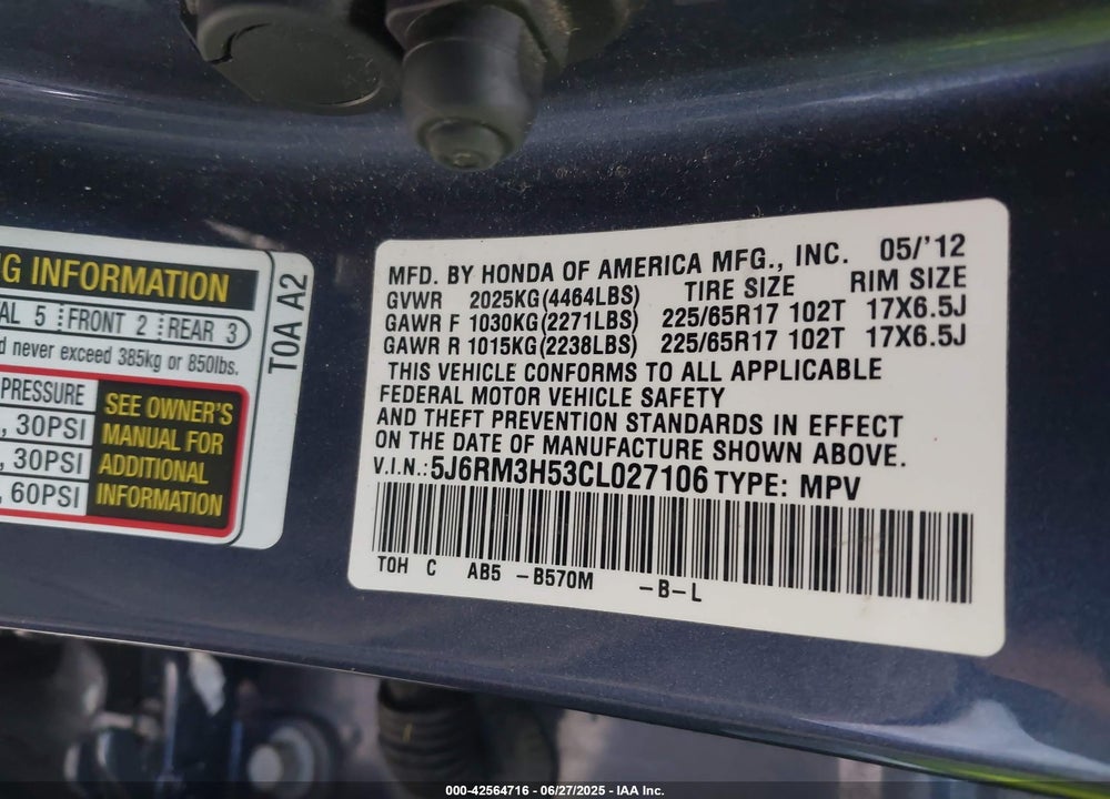 2012 HONDA CR-V EX VIN: 5J6RM3H53CL027106