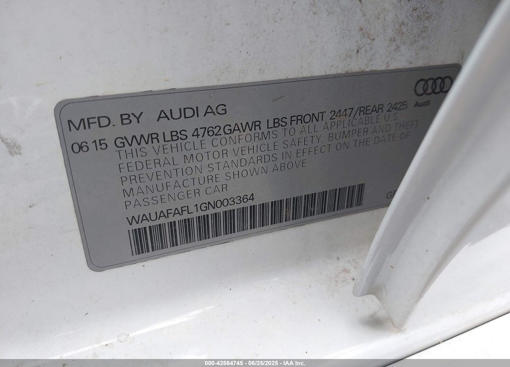 2016 AUDI A4 2.0T PREMIUM VIN: WAUAFAFL1GN003364