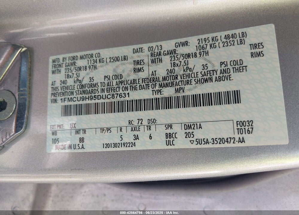 2013 FORD ESCAPE SEL VIN: 1FMCU9H95DUC87631