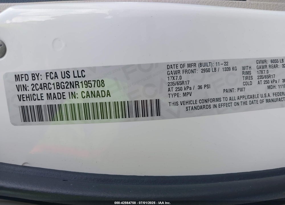 2022 CHRYSLER PACIFICA TOURING L VIN: 2C4RC1BG2NR195708