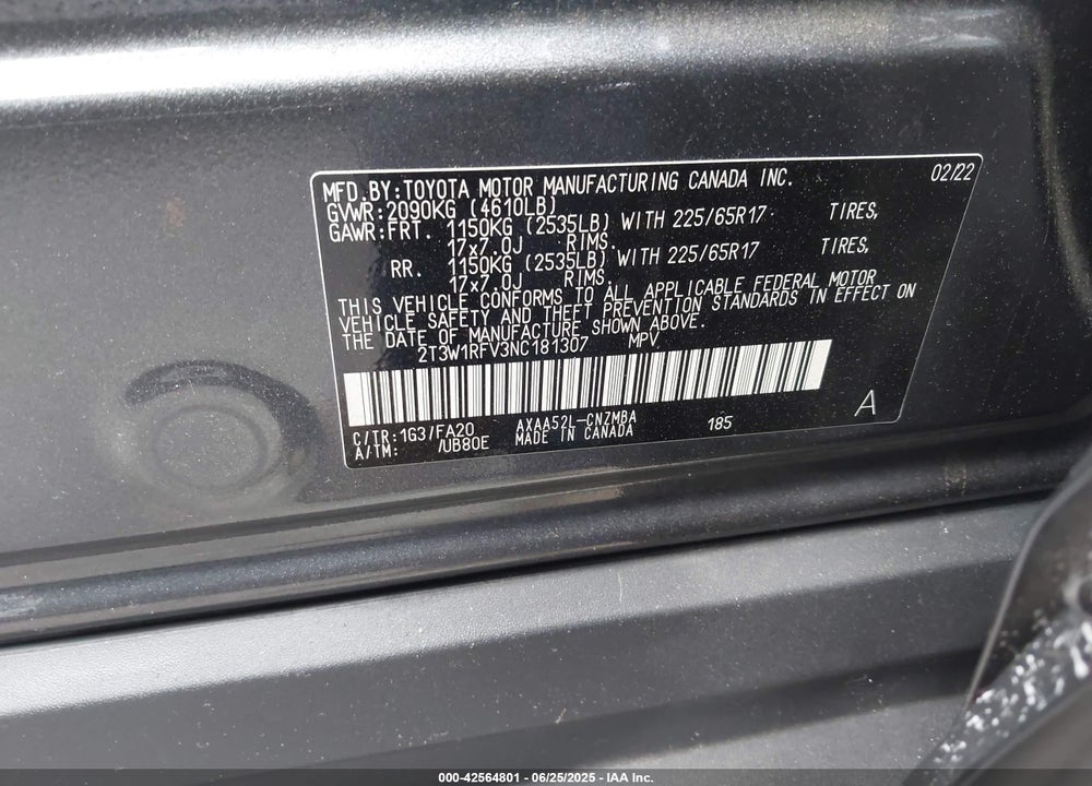 2022 TOYOTA RAV4 XLE VIN: 2T3W1RFV3NC181307