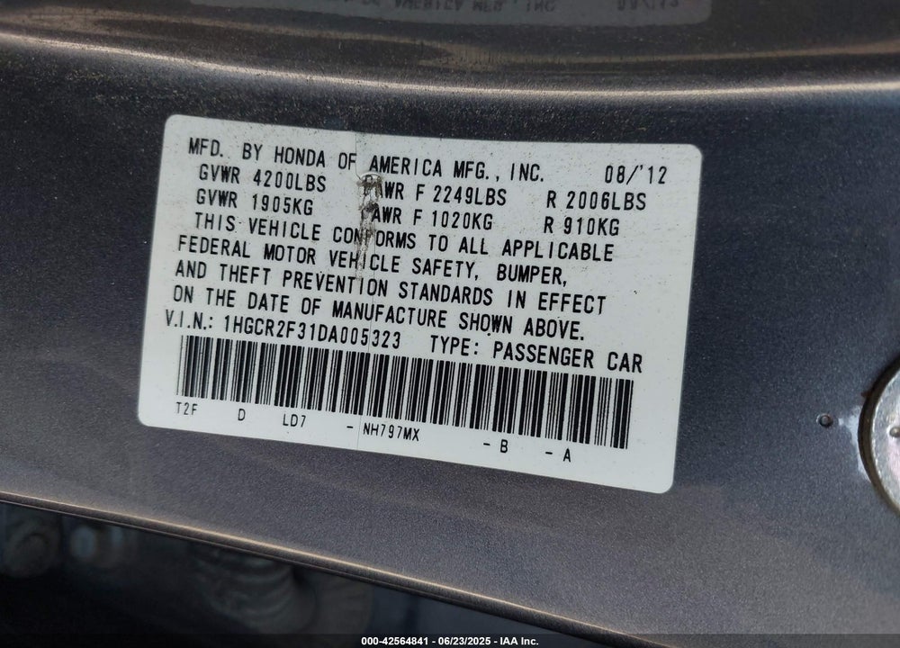 2013 HONDA ACCORD LX VIN: 1HGCR2F31DA005323