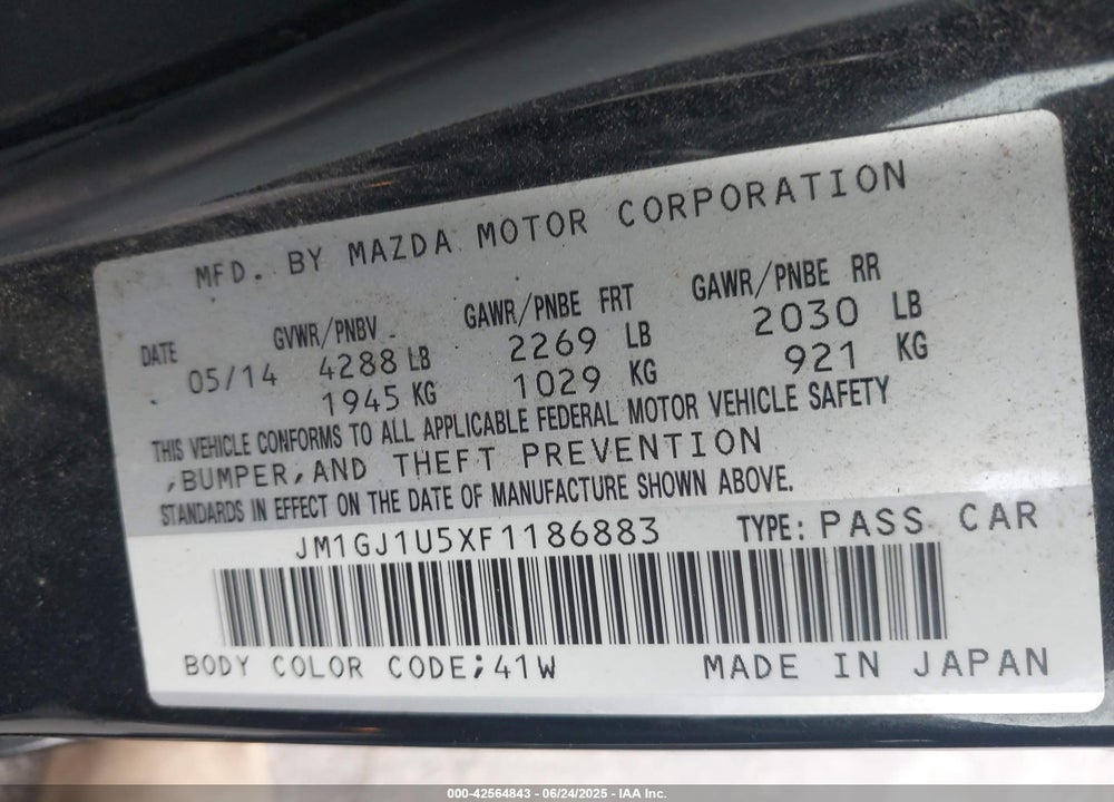 2015 MAZDA 6 VIN: JM1GJ1U5XF1186883