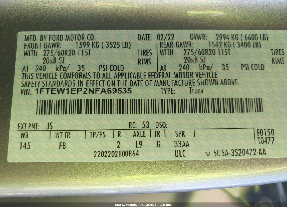 2022 FORD F-150 VIN: 1FTEW1EP2NFA69535