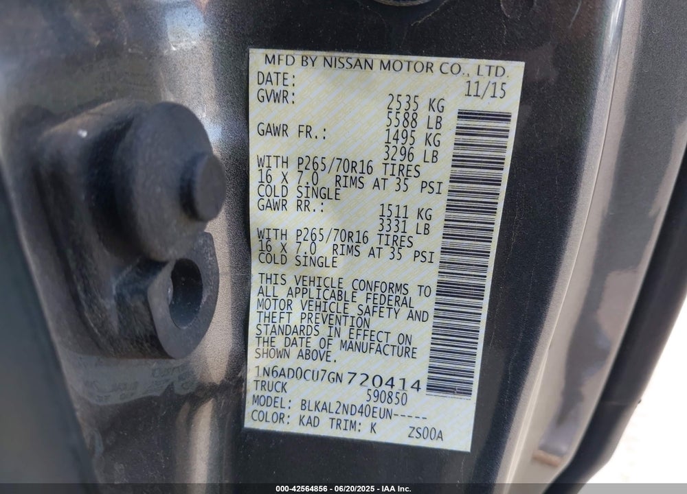 2016 NISSAN FRONTIER VIN: 1N6AD0CU7GN720414