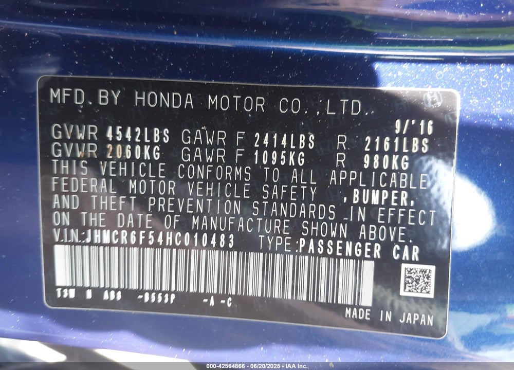 2017 HONDA ACCORD VIN: JHMCR6F54HC010483