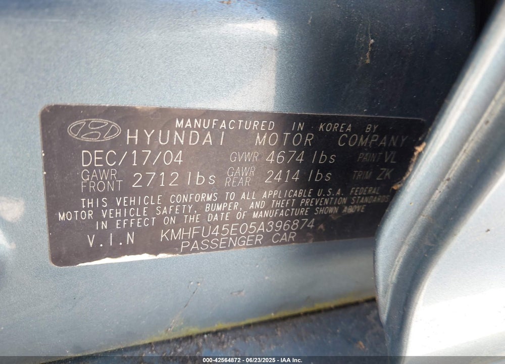 2005 HYUNDAI XG350 L VIN: KMHFU45E05A396874