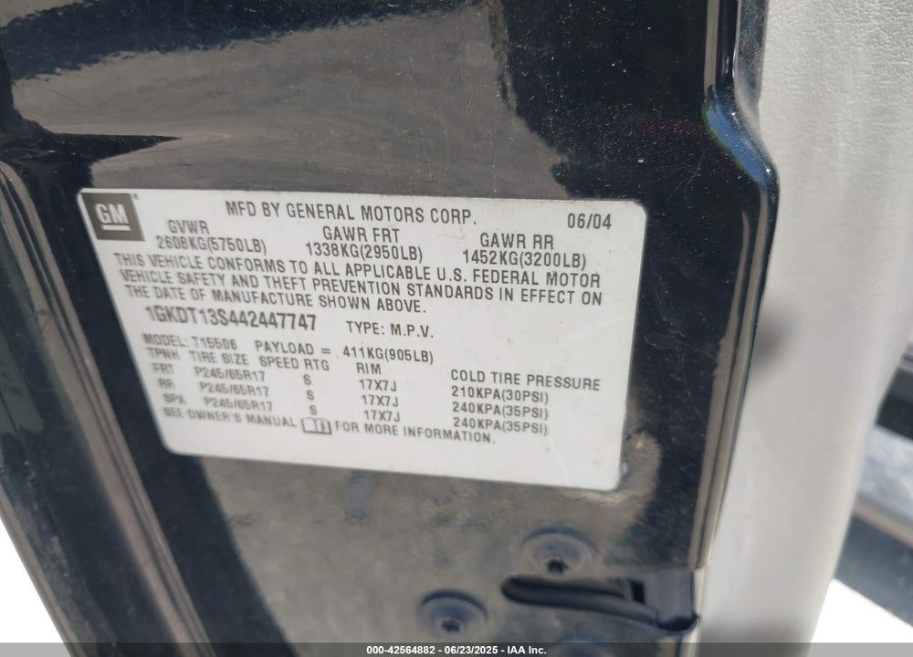 2004 GMC ENVOY VIN: 1GKDT13S442447747
