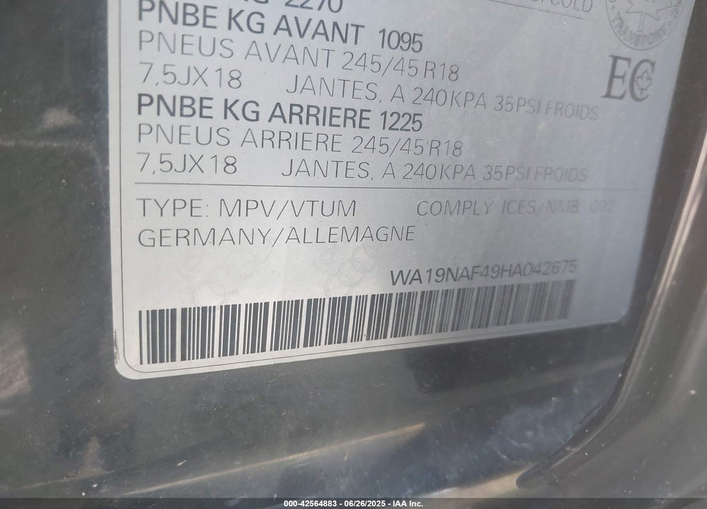 2017 AUDI A4 ALLROAD VIN: WA19NAF49HA042675
