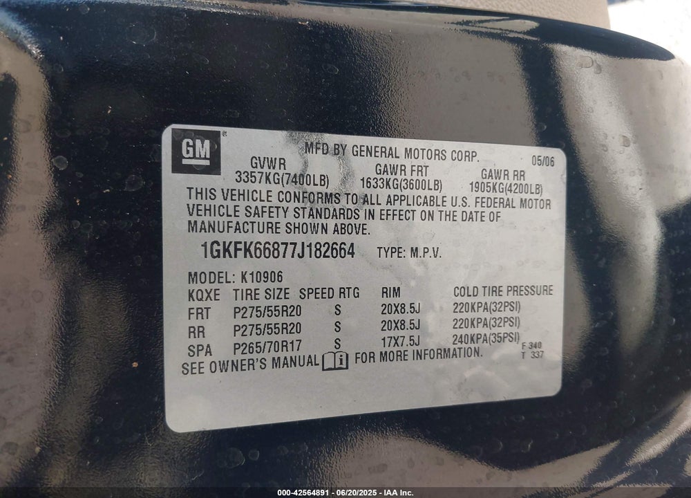 2007 GMC YUKON XL 1500 VIN: 1GKFK66877J182664
