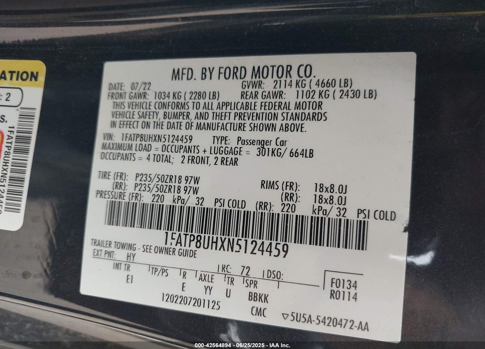 2022 FORD MUSTANG ECOBOOST PREMIUM VIN: 1FATP8UHXN5124459