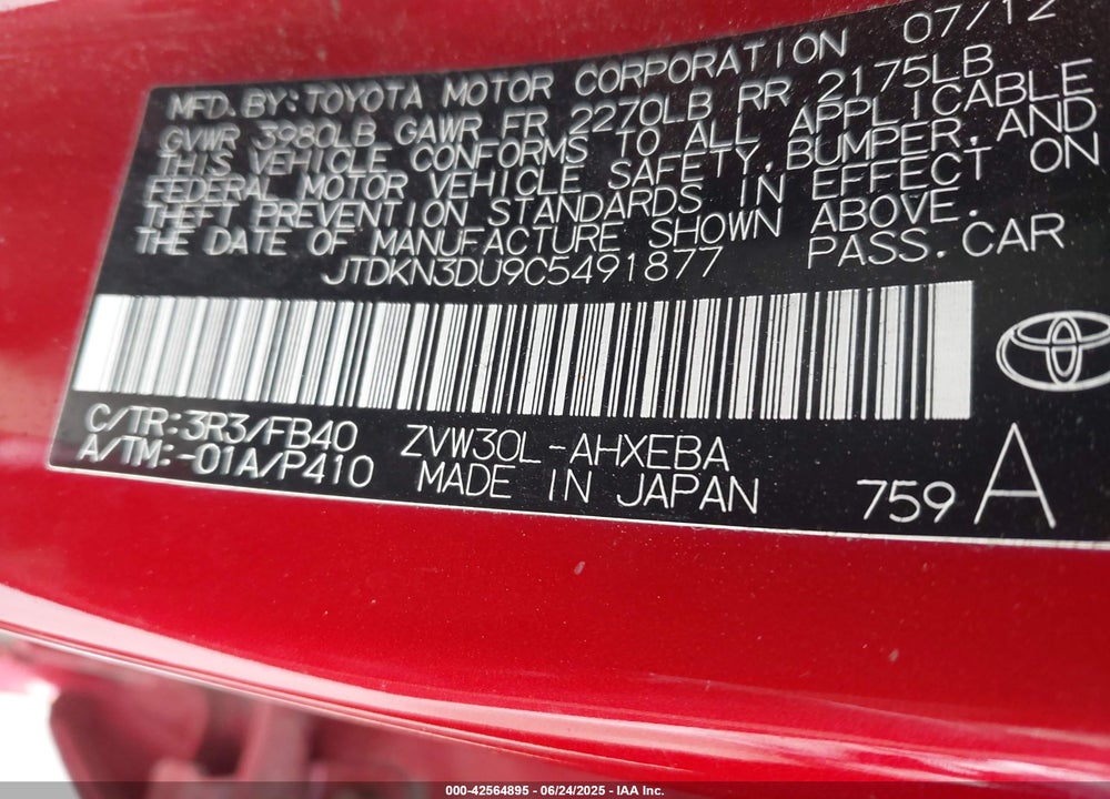 2012 TOYOTA PRIUS VIN: JTDKN3DU9C5491877