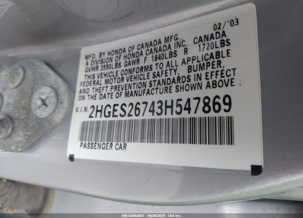 2003 HONDA CIVIC EX VIN: 2HGES26743H547869