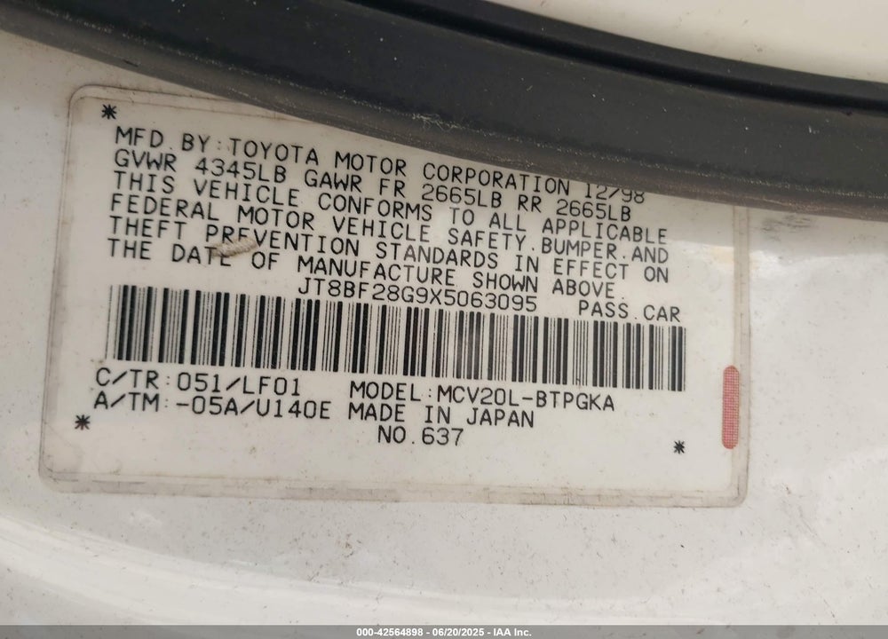 1999 LEXUS ES 300 VIN: JT8BF28G9X5063095