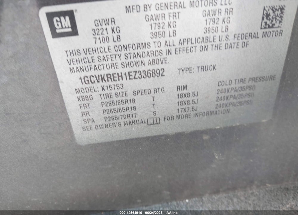 2014 CHEVROLET SILVERADO 1500 VIN: 1GCVKREH1EZ336892