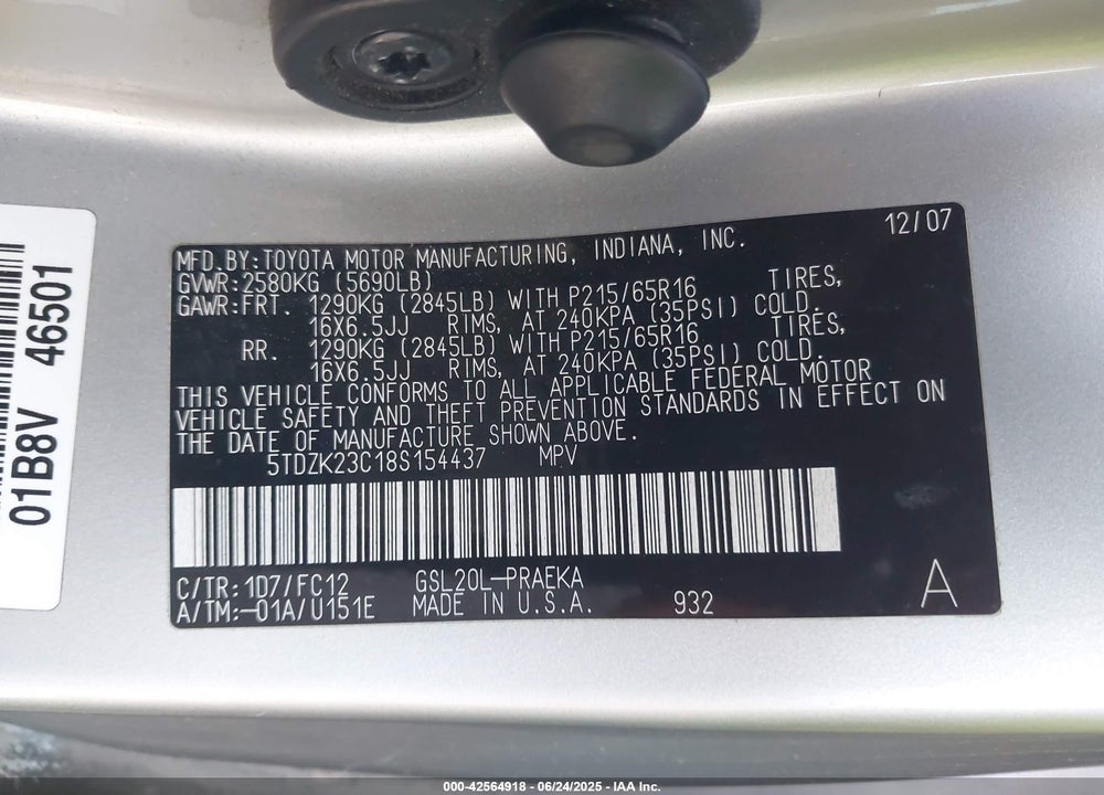 2008 TOYOTA SIENNA LE VIN: 5TDZK23C18S154437