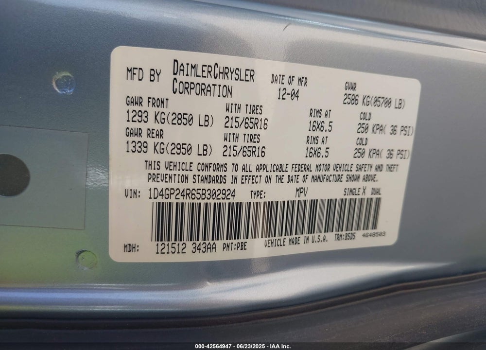 2005 DODGE GRAND CARAVAN SE VIN: 1D4GP24R65B302924