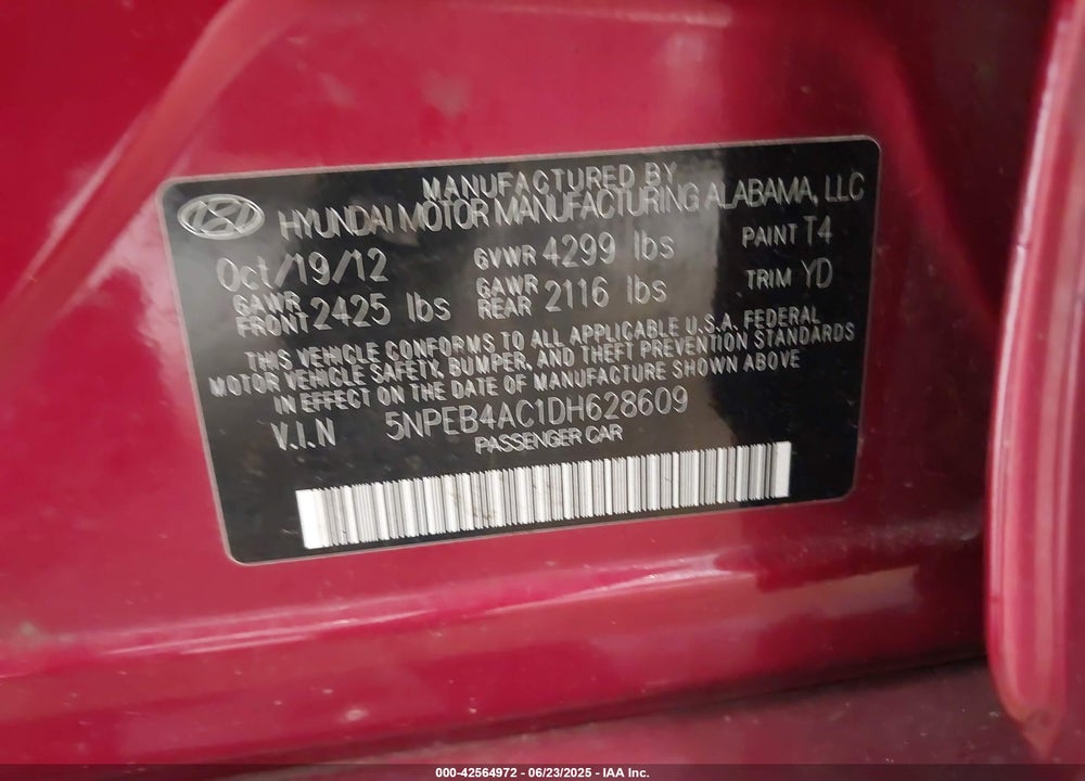2013 HYUNDAI SONATA VIN: 5NPEB4AC1DH628609