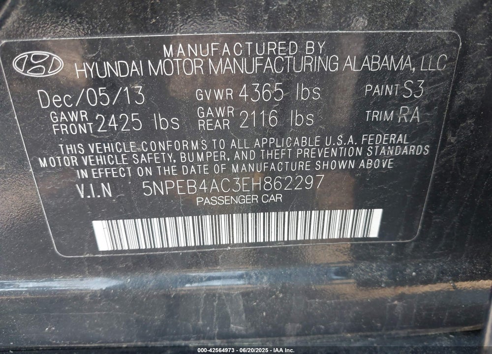 2014 HYUNDAI SONATA VIN: 5NPEB4AC3EH862297