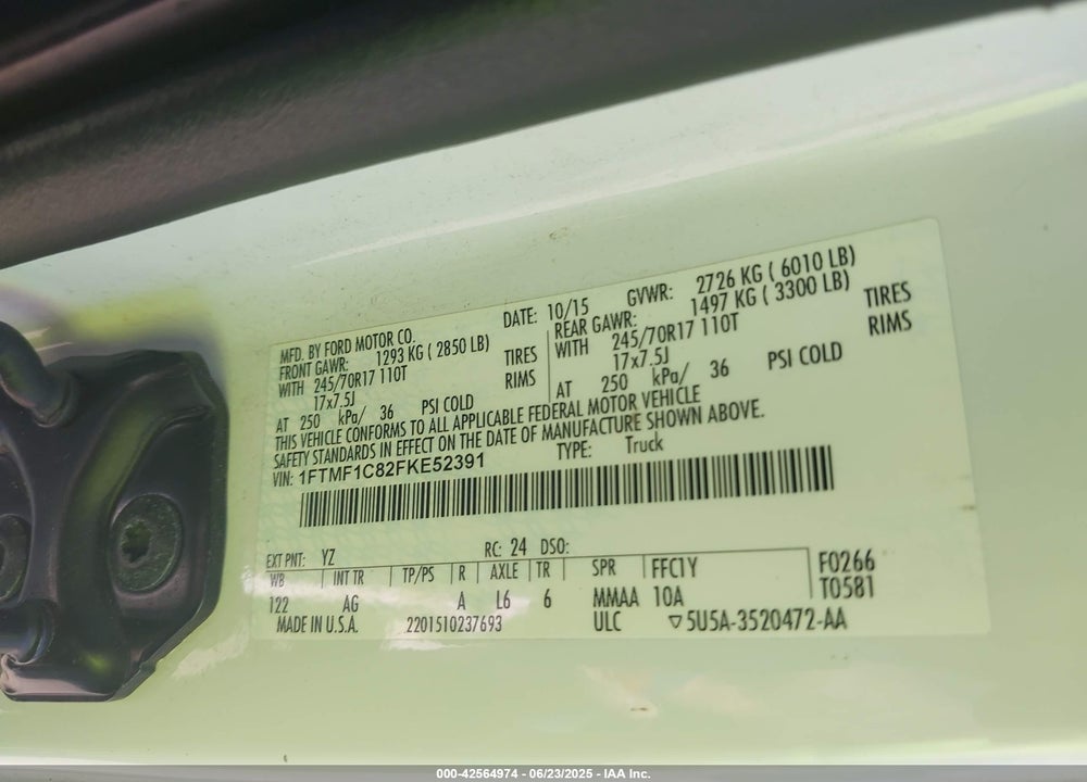 2015 FORD F-150 VIN: 1FTMF1C82FKE52391