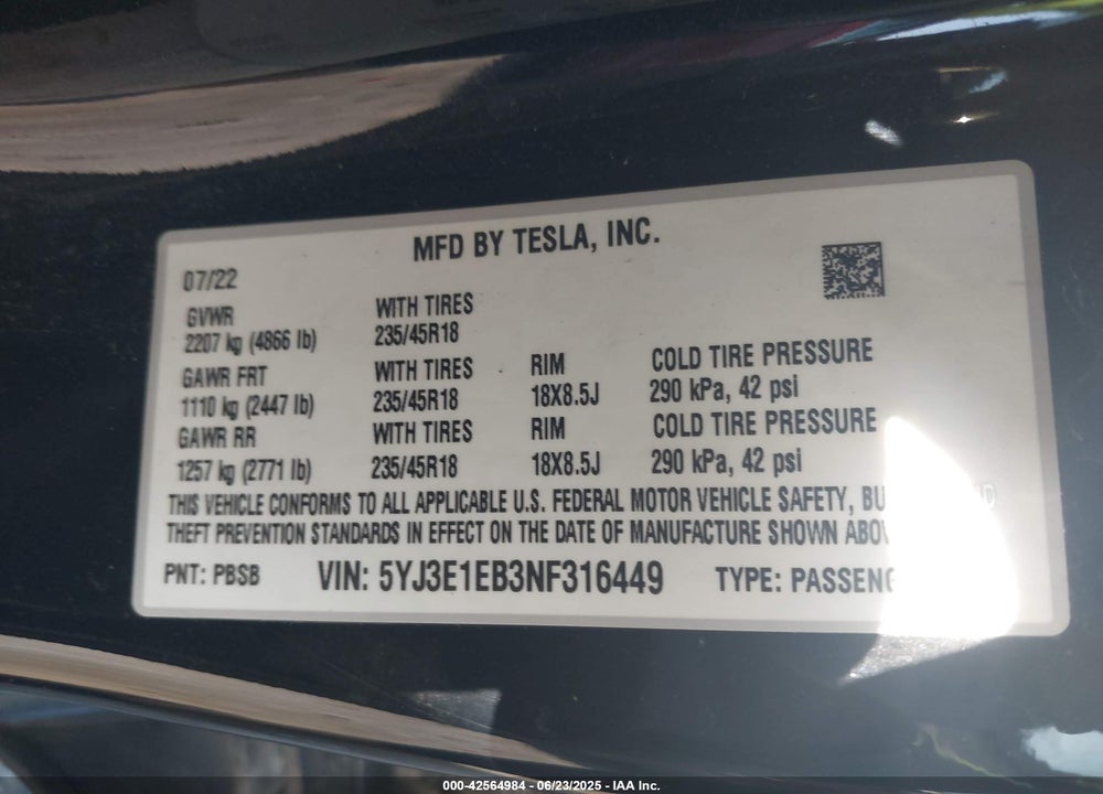 2022 TESLA MODEL 3 VIN: 5YJ3E1EB3NF316449