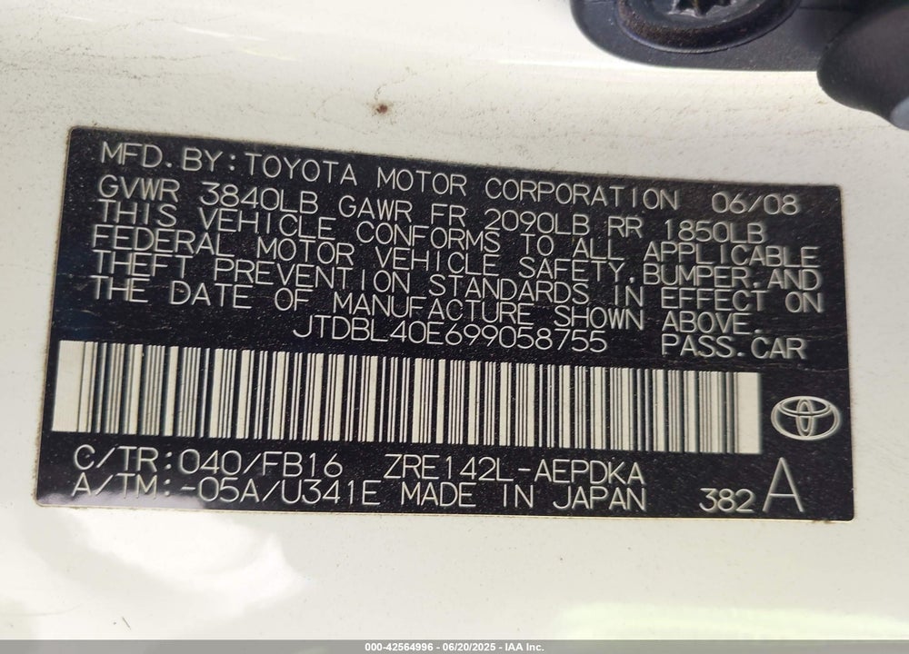 2009 TOYOTA COROLLA LE VIN: JTDBL40E699058755