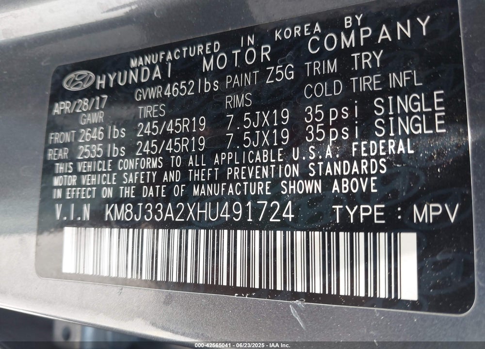 2017 HYUNDAI TUCSON VIN: KM8J33A2XHU491724