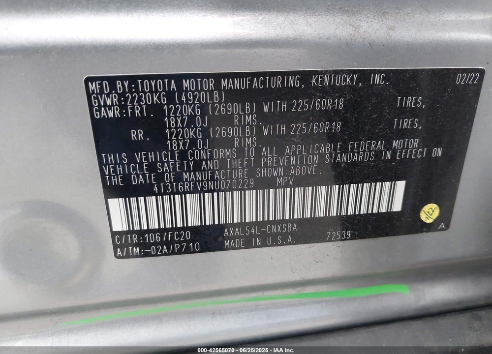 2022 TOYOTA RAV4 HYBRID VIN: 4T3T6RFV9NU070229
