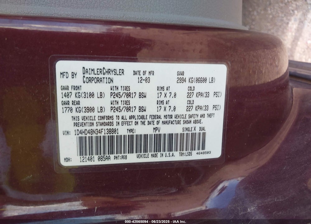 2004 DODGE DURANGO SLT VIN: 1D4HD48N34F138801