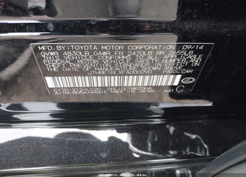 2015 LEXUS GS350 VIN: JTHBE1BLXFA000290