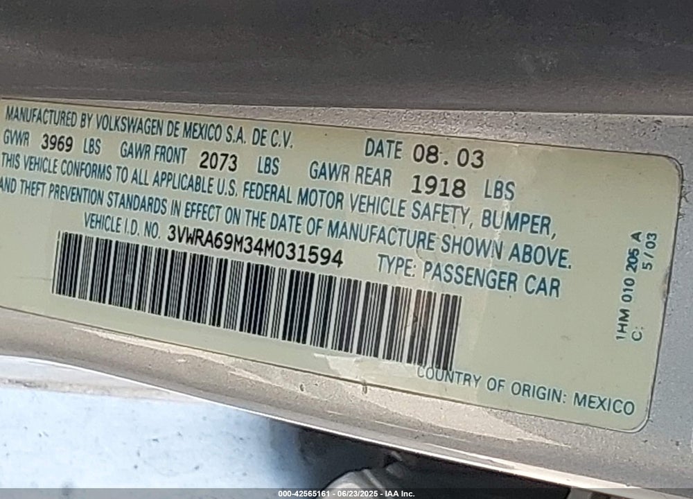2004 VOLKSWAGEN JETTA GL VIN: 3VWRA69M34M031594