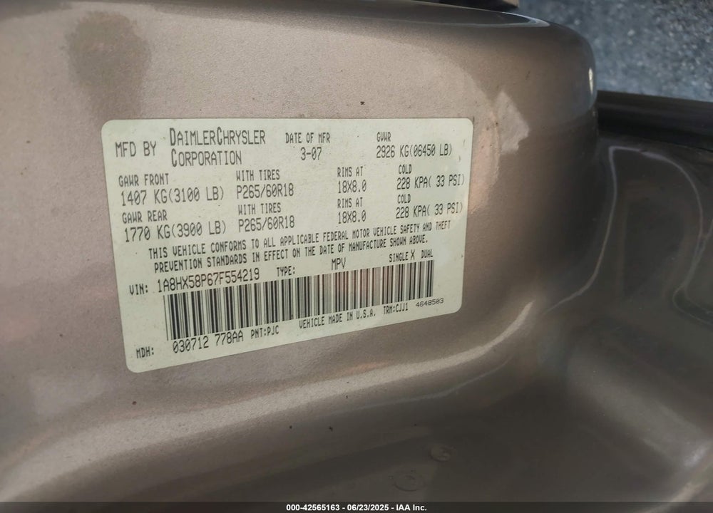 2007 CHRYSLER ASPEN LIMITED VIN: 1A8HX58P67F554219
