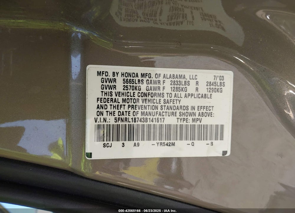 2003 HONDA ODYSSEY EX-L VIN: 5FNRL18743B141617