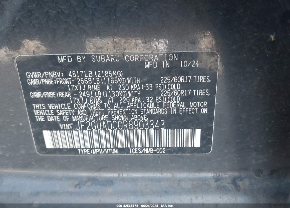 2024 SUBARU CROSSTREK VIN: JF2GUADC0R8903343