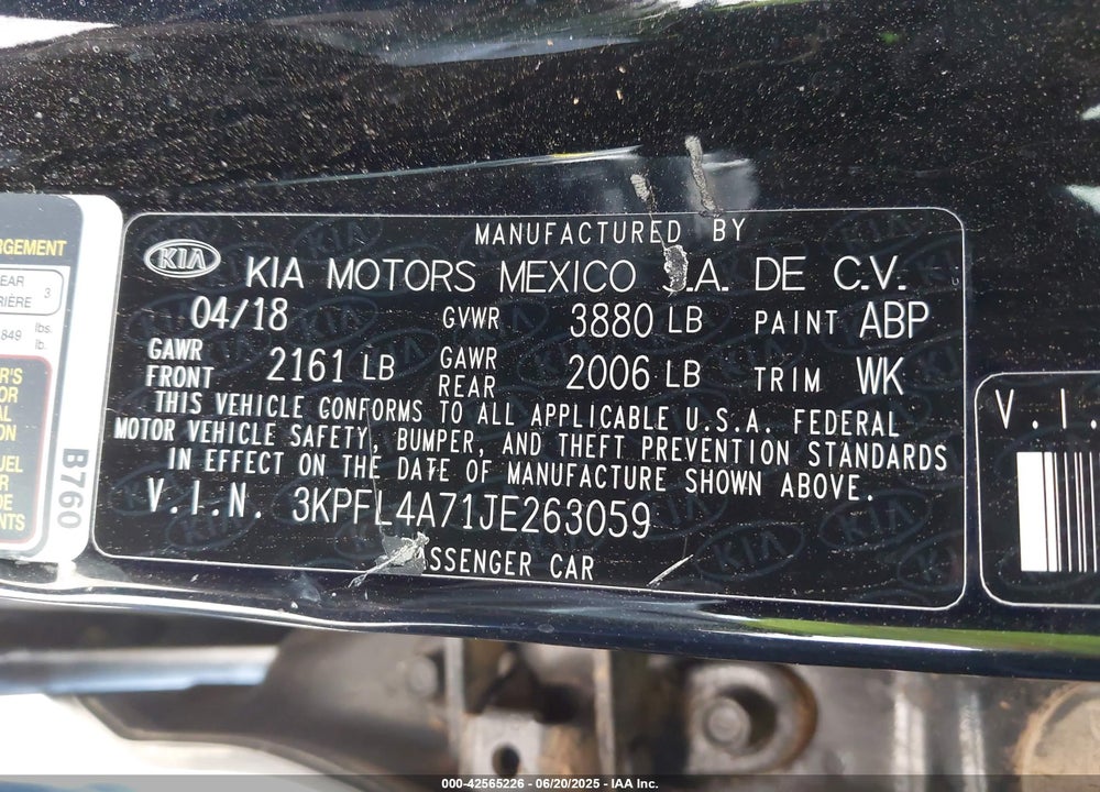2018 KIA FORTE LX VIN: 3KPFL4A71JE263059