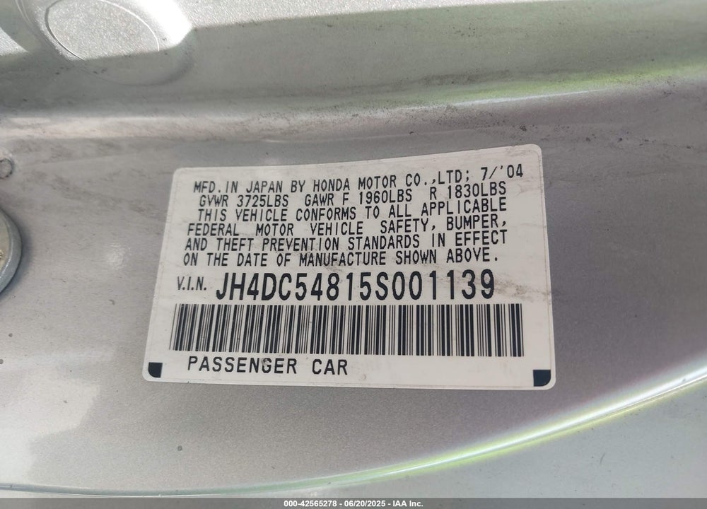 2005 ACURA RSX VIN: JH4DC54815S001139