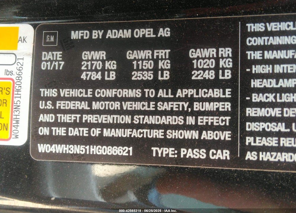 2017 BUICK CASCADA VIN: W04WH3N51HG086621